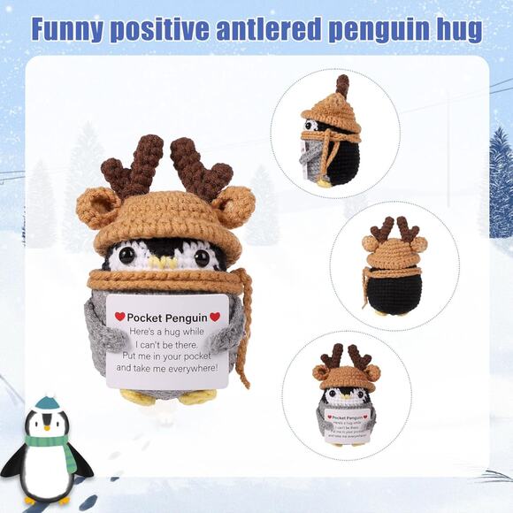 Pocket Penguin Plush with Reindeer Antlers Holiday Motivational Message Hug Gift - Picture 4 of 10